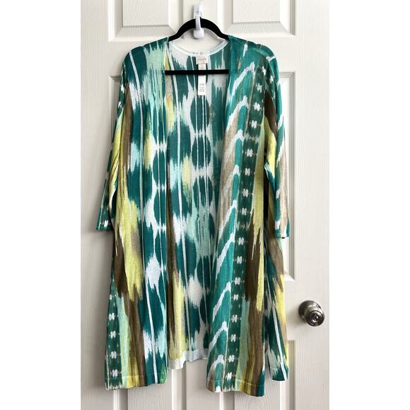 CHICO’S Green Abstract Open Front Cotton Blend Gauze Longline Cardigan - Picture 1 of 10